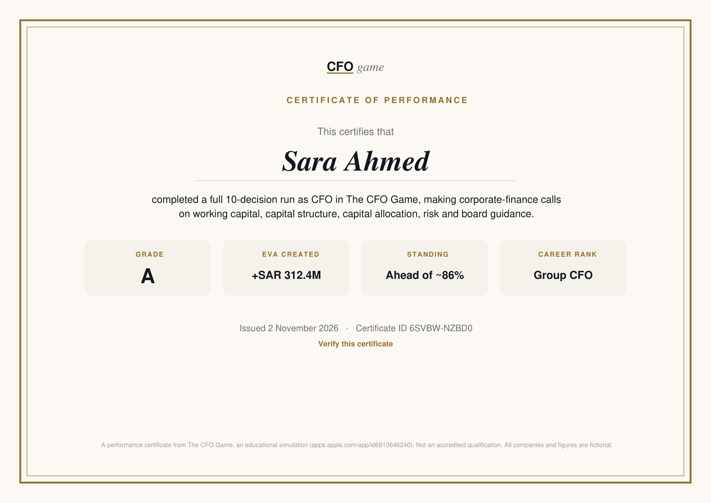 Sample Performance Certificate: name, grade, EVA, standing, career rank, date, certificate ID and verification link