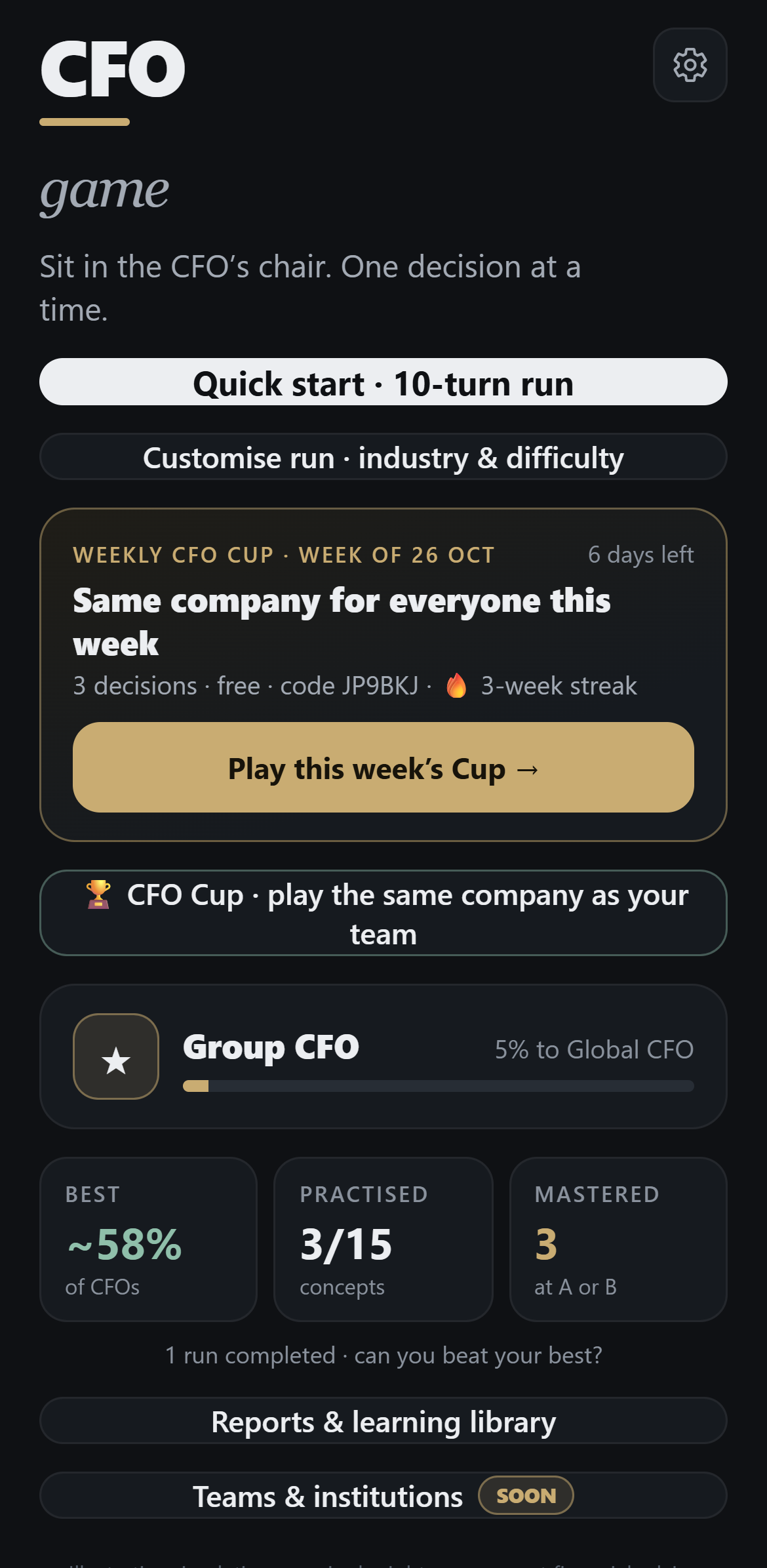 Main menu with the Weekly CFO Cup card: same company for everyone this week, 3 decisions, free, with a streak counter